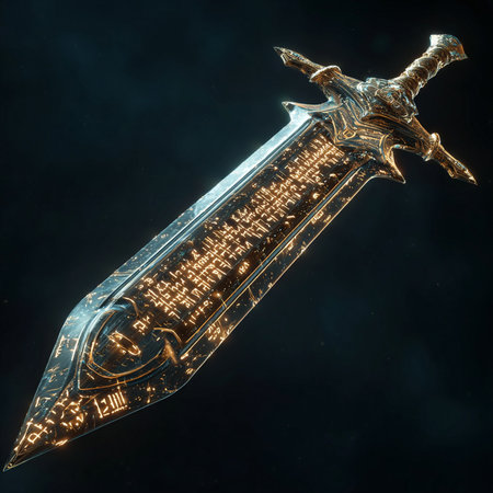 3d rendering of a fantasy sword with a binary code inside.の素材