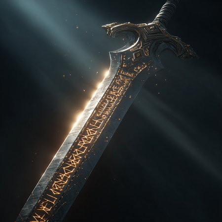Digital illustration of a medieval sword against a dark background with rays of lightの素材