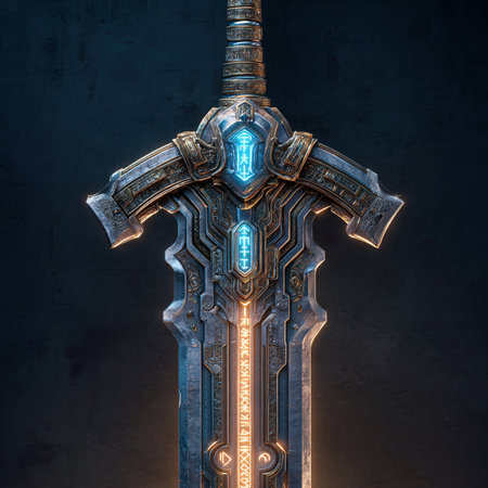 3D rendering of a fantasy warrior with a sword on a dark backgroundの素材