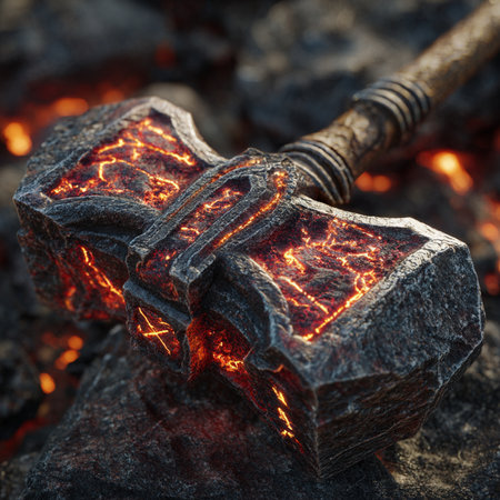 Wooden ax on the background of burning coals. Selective focusの素材