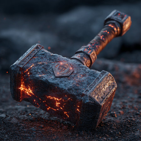 Old rusty mining ax with a burning blade on a black background.の素材