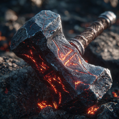 Ax with a red flame on the black coal. Closeup.の素材