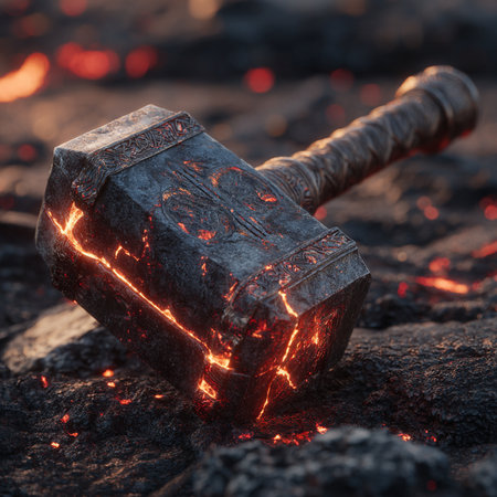 Close-up of an old hammer with a burning flame on the groundの素材