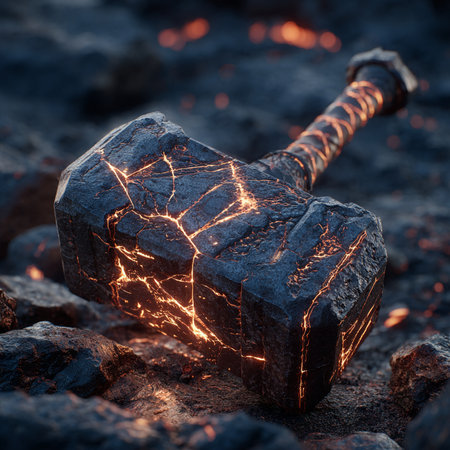 Ax with sparks on the background of the volcano. The concept of danger.の素材