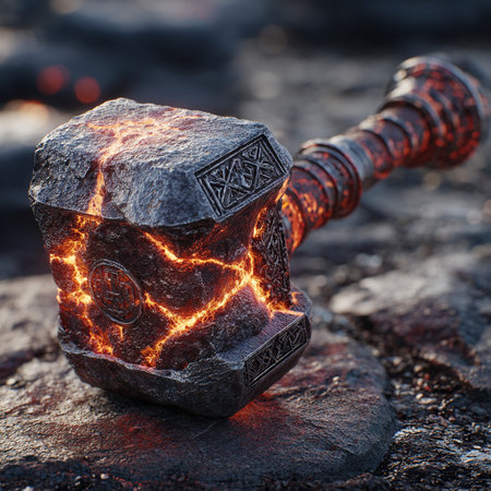 Wooden gavel with burning fire on dark background. Close upの素材