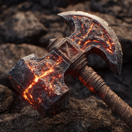 Ax with a burning blade on a coal background. The concept of the danger of fire.の素材