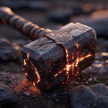 Ax on the stone in fire. Close-up. Selective focus.の素材