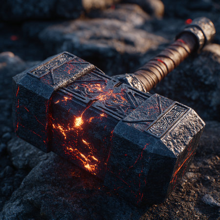 Warrior sword with a burning blade on a black lava background.の素材