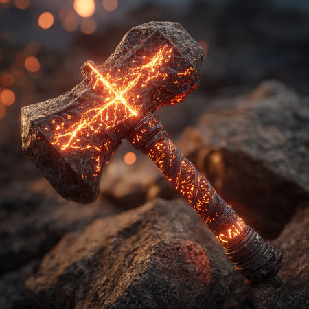 Ax in the lava. Conceptual image. 3d renderingの素材