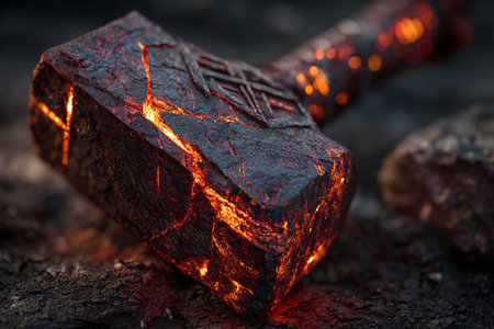 Ax with a red flame on the background of coal. Close-up.の素材