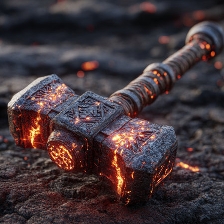 Wooden gavel with glowing sparks on black lava background, close up.の素材