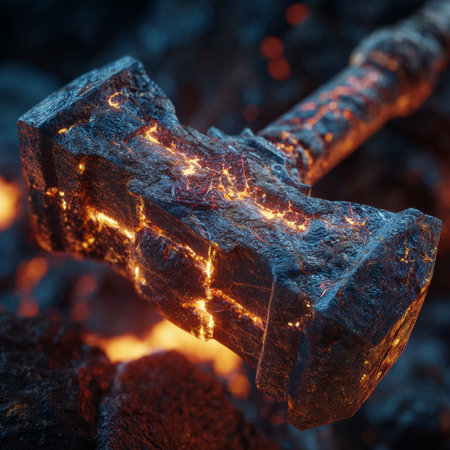 Ax in a fire on a background of coal. Close-up.の素材