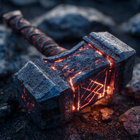 Wooden ax stuck in a stone. Close-up. Fire.の素材