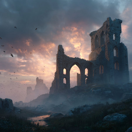 The ruins of a medieval castle on a background of a beautiful sunsetの素材