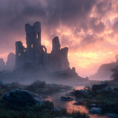 Ruins of medieval castle on the bank of river at sunrise. Fantasy landscape.の素材