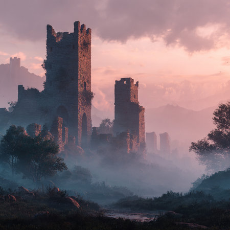 Ruins of the medieval castle in a foggy morning at sunriseの素材
