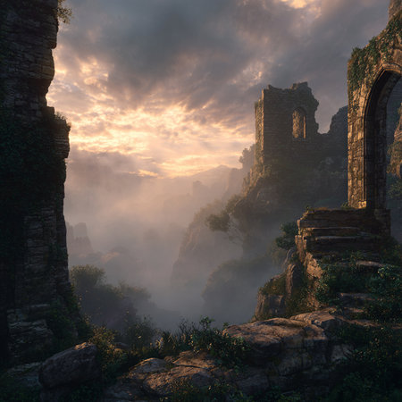 Sunset over the ruins of the ancient city of Zhangjiajie, Hunan Province, Chinaの素材