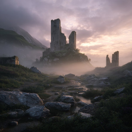 Sunrise over ruins of old castle in foggy mountain landscape.の素材