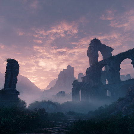 Ancient ruins of the temple complex in the morning mist. 3d renderingの素材