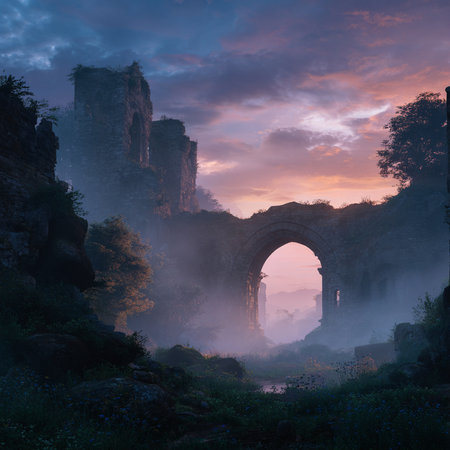 Sunrise over the ruins of an ancient Roman aqueduct in the fogの素材