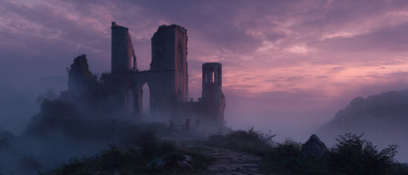 Ruins of an ancient castle in the fog at sunrise. Panoramaの素材