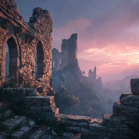 Ruins of medieval castle in the mist at sunset. HDR imageの素材