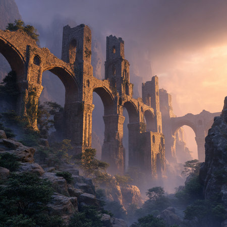 ancient roman aqueduct in the morning mist, chinaの素材