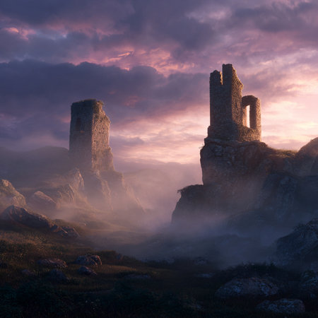 Mysterious ruins of ancient castle in foggy mountains at sunsetの素材