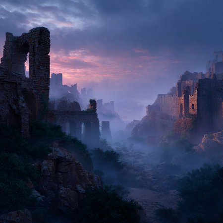 Ruins of a medieval castle in the fog at sunrise. Fantasy landscape.の素材