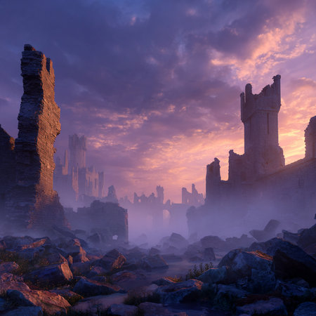 Fantasy landscape with ancient ruins and foggy sky. 3d renderの素材