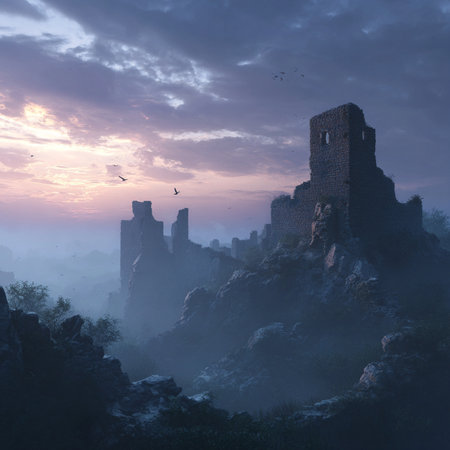 Ruins of medieval castle in foggy morning. 3d renderingの素材