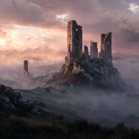 Ruins of medieval castle in the fog at sunrise. Fantasy landscape.の素材