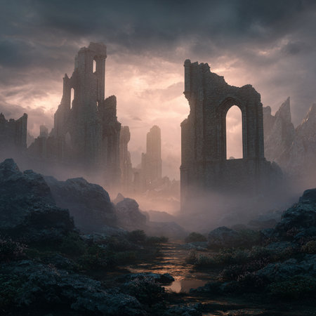 Fantasy landscape with ancient ruins in the fog. 3d renderingの素材