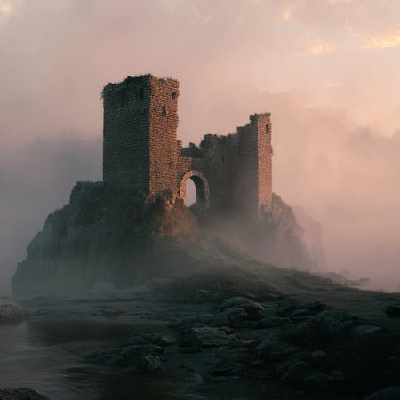 Ruins of a medieval castle on a foggy morning in Walesの素材