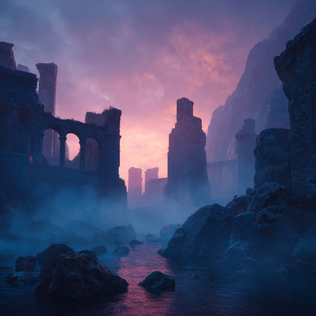 Ruins of ancient theater in the fog. Sicily, Italy.の素材