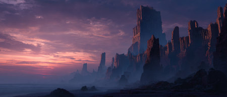 Fantasy landscape with foggy sunrise. 3d render illustration.の素材