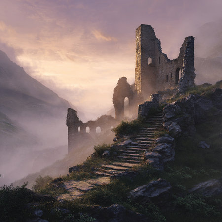 Ruins of medieval castle in foggy morning, Carpathians, Ukraineの素材