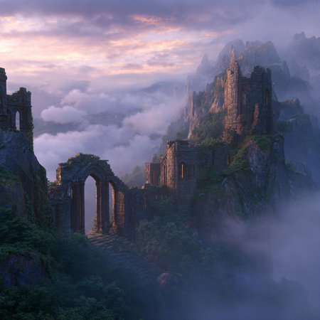 Sunrise at the ruins of Sanqingshan Temple in Chinaの素材