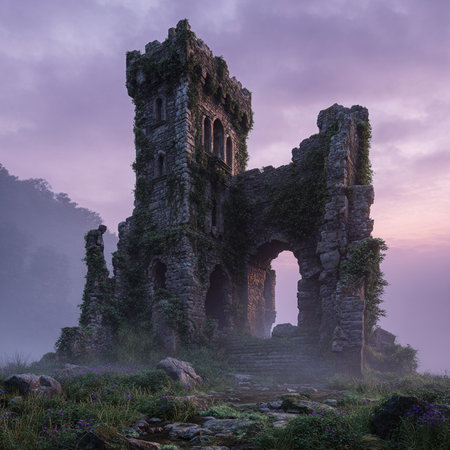 Ruins of a medieval castle in the mist at sunrise, Wales, UKの素材