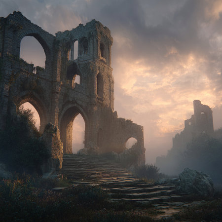Ruins of a medieval abbey in the fog at sunrise.の素材