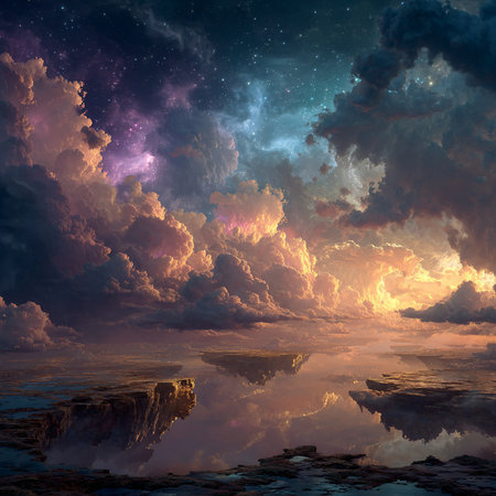 Fantasy alien planet. Mountain and sky with clouds. 3D illustrationsの素材
