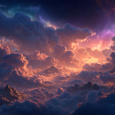 Fantasy night sky with clouds and stars. 3D illustrations.の素材