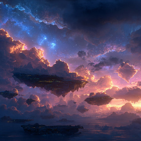 Fantasy landscape with clouds and islands in the ocean. 3D illustrationsの素材