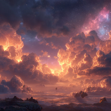 Fantasy alien planet. Mountain and nebula. 3D illustrationsの素材