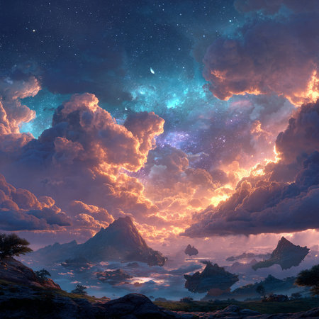 Fantasy landscape with mountain and sky full of stars. 3d renderingの素材