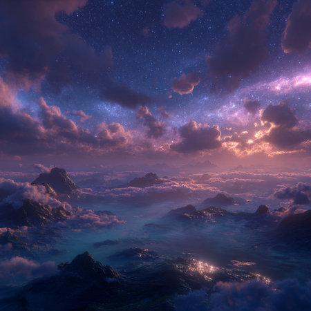 Fantasy alien planet. Mountain and sky with clouds. 3D illustrationsの素材