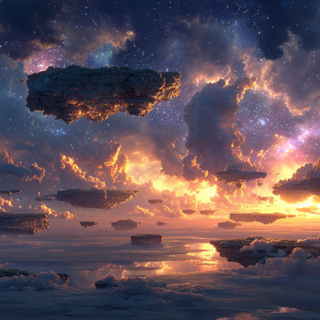 Fantasy alien planet in the sky with clouds. 3D illustrationsの素材
