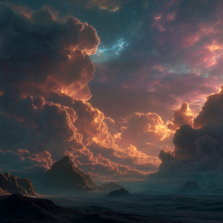 Fantasy alien planet. Mountain and sky. 3D illustrations.の素材