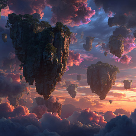 Fantasy landscape with clouds and a heart in the sky at sunsetの素材