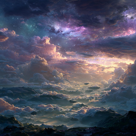 Fantasy landscape with clouds and stars. 3d illustration. Computer collage.の素材